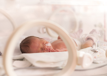 A premature newborn infant lies in an incubator